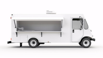 Mockup of white food truck with an open wide window on the side on a plain white background.
