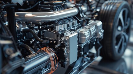 Fototapeta premium Detailed view of a hybrid car engine