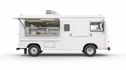 Naklejka premium Mockup of white food truck with an open window on the side with some kitchen stuff on a plain white background.