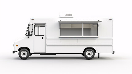 Mockup of white food truck with an open window with blank space on the side on a plain white background.