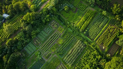 Organic farm aerial with bio-diverse crop layouts