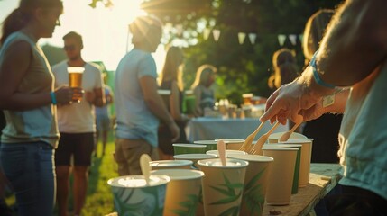 People at a festival using biodegradable utensils