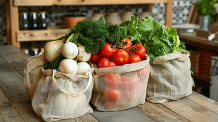 Reusable grocery bags filled with fresh vegetables