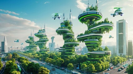Sustainable city concept with hovercars and green buildings.
