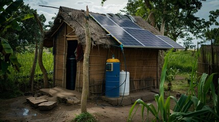 Solar-powered water purification unit in a remote village