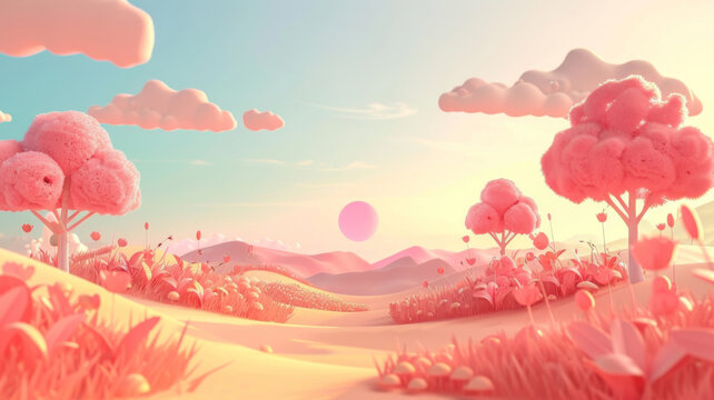 A dreamy landscape featuring whimsical pink fluffy trees, soft clouds, and a pastel sunset, evoking a serene fantasy world.