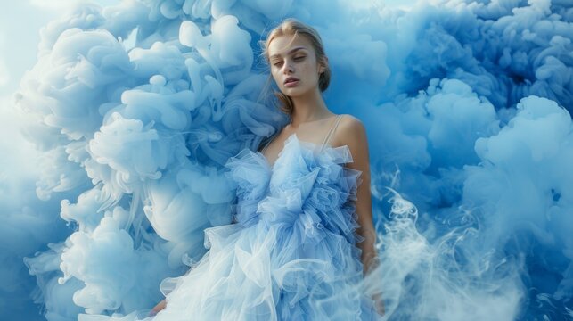 Beautiful girl on a background of blue smoke - Powered by Adobe
