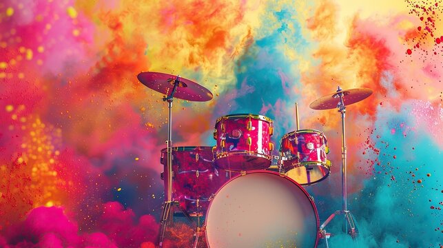 Isolated drum with colorful paint powder on background. Creative rainbow music artwork