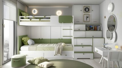 Stylish white-green children room with bunk bed and big bed --ar 16:9 --v 6.0 - Image #1 @kashif320