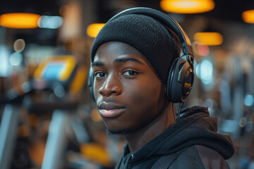 Focused Young Man with Headphones in Fitness Center