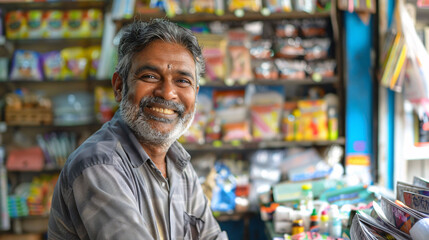 An indian man working in a stationery shop.