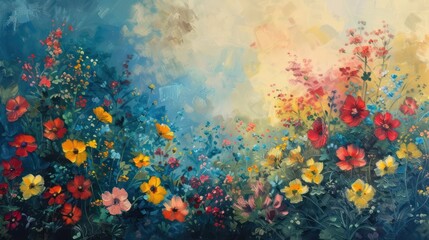 Indulge in the enchanting allure of a flower-filled background, where hues of red, yellow, and blue blend seamlessly to paint a picturesque scene of natural splendor.
