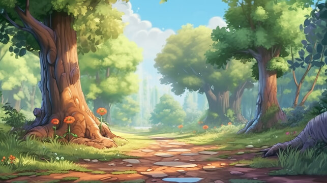 morning in the fantasy forest with big trees in cartoon anime illustration style