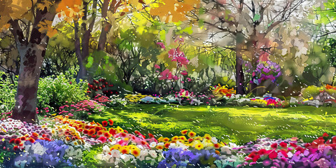 Garden of Faith: The Blooming Garden and Rooted Trees - Picture a garden with blooming flowers and rooted trees, symbolizing the flourishing of faith inspired by a deceased leader.