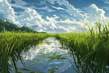 Foto op Canvas A tranquil rice field with lush green rice plants and water reflecting the sky. © wpw