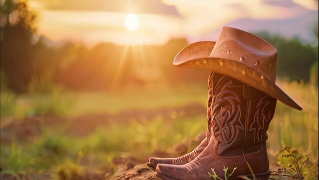 Cowboy hat and boots at barn. 4k video