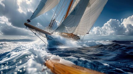 Sail away to new horizons with a close-up photo that highlights the elegance and tranquility of sailing on open waters, inviting you to explore the beauty of the seas. - obrazy, fototapety, plakaty