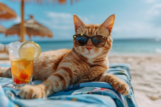 A cat with glasses is lying on the beach with a cocktail in his hand, Summer vacations