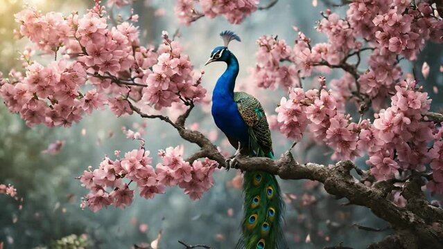 Wallpapper bright and colorful peacock on tree branch, detailed high quality loop footage