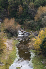 landscape of Cordoba Argentina in autumn trees, river, mountains, ideal tourism promotion