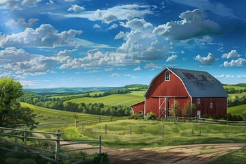 Red barn in rural setting with rolling hills