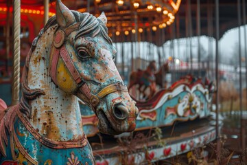 Vintage carousel horse at abandoned amusement park - obrazy, fototapety, plakaty