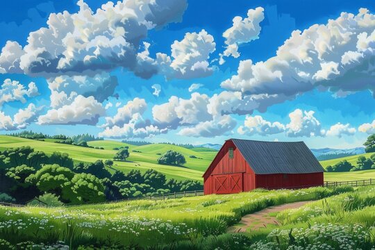 Red barn in rural setting with rolling hills