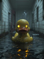Creepy rubber duck in a dark hallway