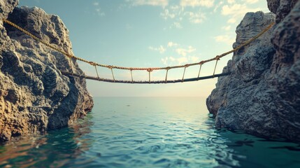 Illustration of a rope bridge suspended between two large rocks, presented as a 3D render.