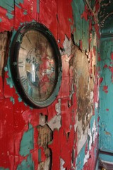 Antique mirror on distressed red wall