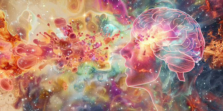 Mind Expansion: The Cosmic Brain and Exploding Thoughts - Visualize a cosmic brain with thoughts exploding outward, symbolizing the expansion of consciousness during a psychedelic experience