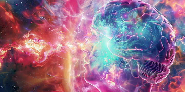 Mind Expansion: The Cosmic Brain and Exploding Thoughts - Visualize a cosmic brain with thoughts exploding outward, symbolizing the expansion of consciousness during a psychedelic experience
