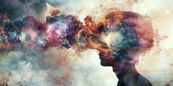 Mind Expansion: The Cosmic Brain and Exploding Thoughts - Visualize a cosmic brain with thoughts exploding outward, symbolizing the expansion of consciousness during a psychedelic experience