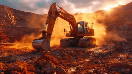 Illustration of an excavator working with red soil, creating a dusty environment.