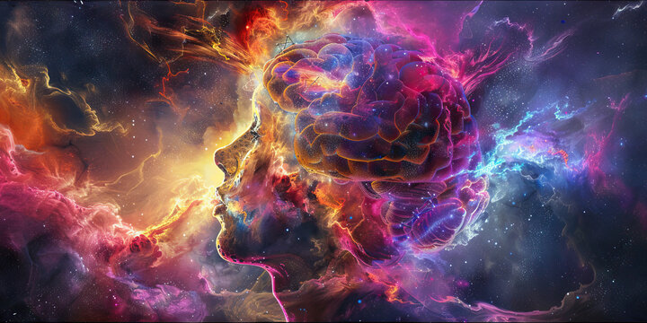 Mind Expansion: The Cosmic Brain and Exploding Thoughts - Visualize a cosmic brain with thoughts exploding outward, symbolizing the expansion of consciousness during a psychedelic experience