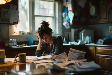 A person sitting at a kitchen table surrounded by bills and financial documents