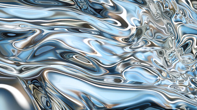 A digitally generated image of abstract ripples on water, with a highly detailed texture showcasing reflections in silver and blue hues.