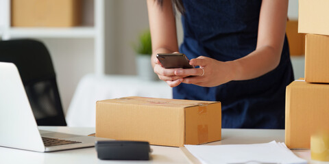 Close up woman entrepreneur working at home office and taking a parcel photo before delivery