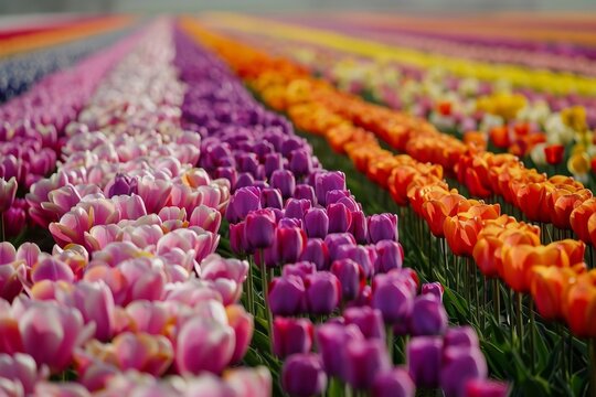 Fields of tulips in full bloom