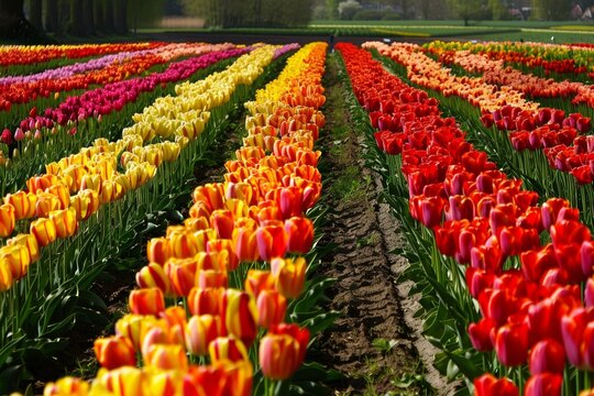 Fields of tulips in full bloom