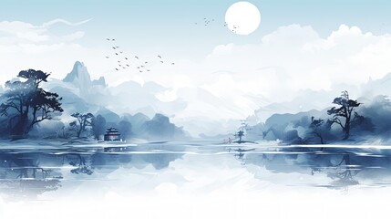 Moon Lake Chinese Ink Art Landscape Painting Ancient History of China Template Background Wallpaper War Battlefield Soldiers Trade Wuxia Online Game Style 16:9