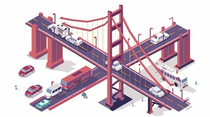 Isometric infographic element or icon representing cars, trucks, and buses driving on the Golden Gate suspension bridge in San Francisco, California, USA.