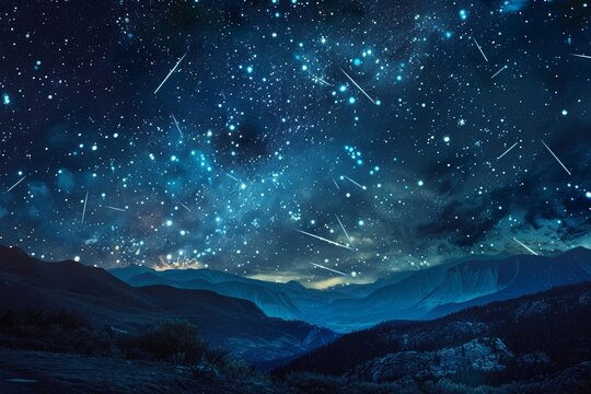 The starry night sky above the mountains and shooting stars
