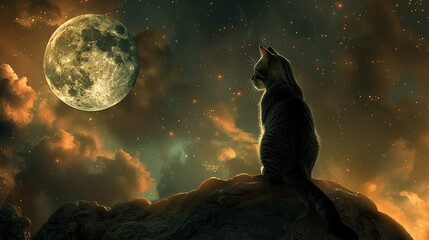 A cats fantastical journey to the moon captured in an ethereal light, with a crystalclear, noiseless, HD panoramic view of the cosmos - obrazy, fototapety, plakaty