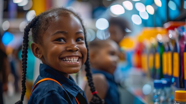 african black children dressed in School uniform business attire, chatting and laughing at an exhibition or trade show. They stand by their booth, displaying products.