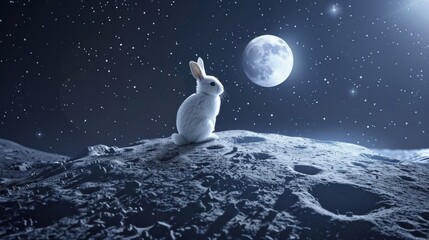 A whimsical rabbit on the moon, in a noisefree, ultraHD setting, highlighting detailed lunar textures and a starstudded sky