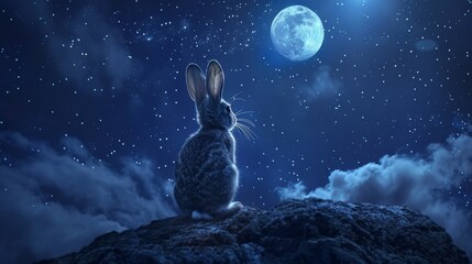 A whimsical rabbit on the moon, in a noisefree, ultraHD setting, highlighting detailed lunar textures and a starstudded sky - obrazy, fototapety, plakaty
