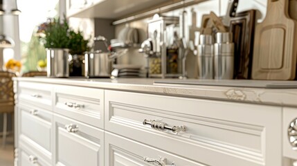 White vintage kitchen cabinets adorned with modern stainless steel handles, a symbol of luxury