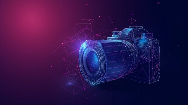 Abstract vector image of camera. Low poly wire frame illustration. Lines and dots. RGB Color mode. Photo concept. Polygonal art