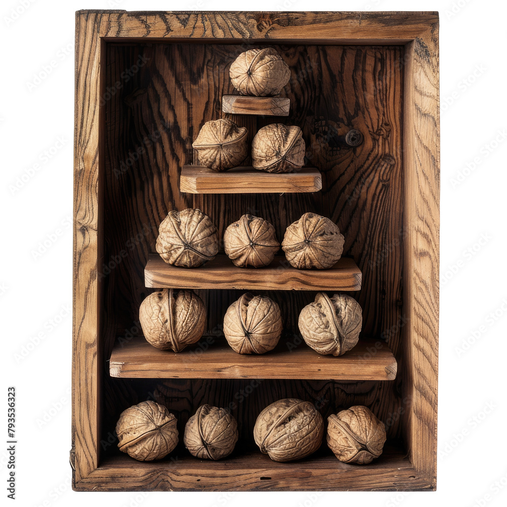 Wall mural At the center of a wooden box a pyramid of whole walnuts stands alone against a transparent background exuding a sense of mystery and elegance - Wall murals